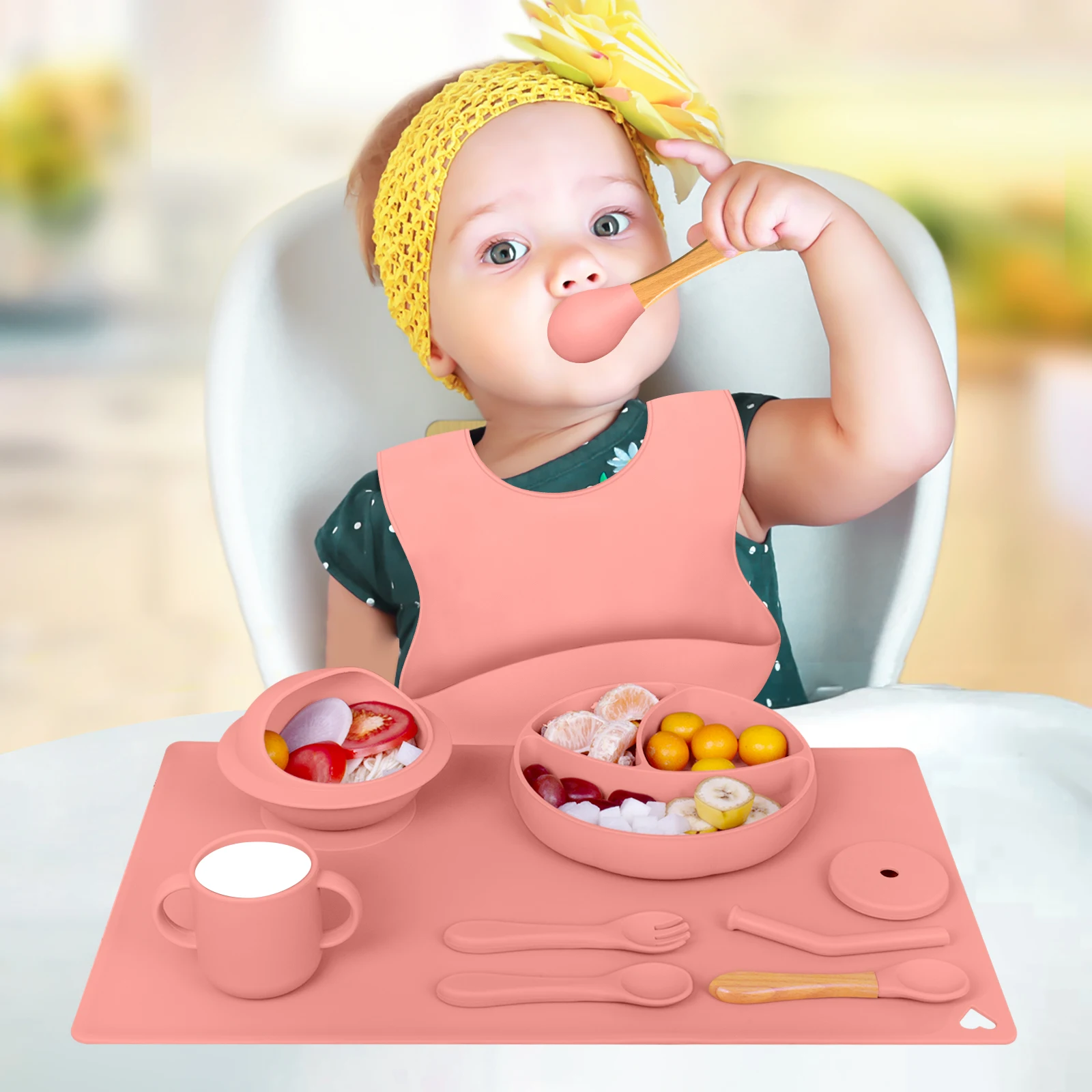 Round 7 Piece Set Bpa Free Bib Food Grade Plate Mat Bowl Suction Fork