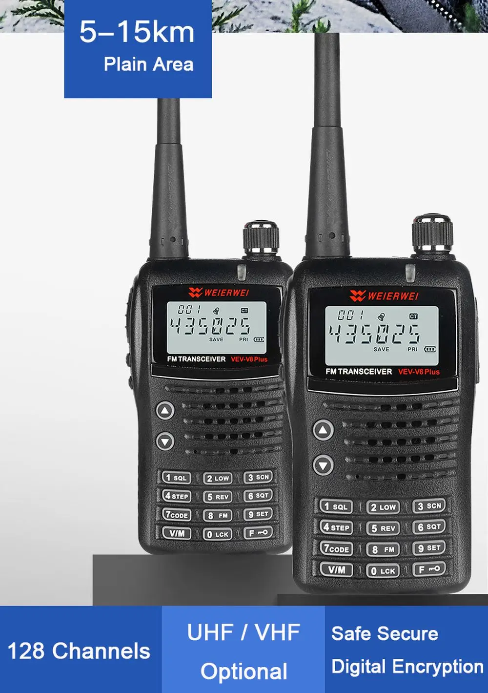 WEIERWEI VEV-V8 Plus Portable UHF Walkie Talkie with VOX DTMF Radio and FM Radio Effective Ran 5km