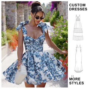 Custom Wholesale Summer 2025 New Floral Printed Lace-up Dress Elegant Slim-fit for Women Casual Vacation Style Short Dress Women