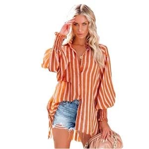 Summer Woven Breathable Eco-Friendly Beach Resort Sunscreen Cover Fashion Casual Mid Length Striped Shirt Single Breasted