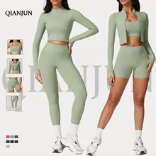 New Arrival Breathable 4-Pcs Yoga Gym Fitness Set for Plus Size Women Solid Color Bra and Leggings for Active Workouts