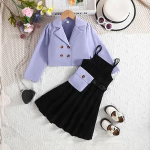 British Style Small Suit Coat Skirt Bag Three Piece Set Double-Breasted Button Vest Butterfly Print Dresses Clothes for Kids