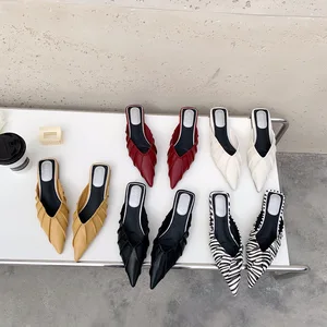 QuiteS 2026 New Hot Pointed-Toe Closed-Toe Half-Slippers Pleated Lazy Mules Slip-On Closure Type Sandals Casual Shoes for Women