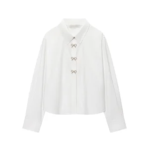 Women Spring/Summer New Cute Daily Fashion Button-Up Solid Woven Breathable Polyester Full Sleeve Vintage Casual Blouse Logo