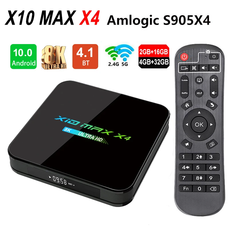 
 ТВ-приставка Amlogic S905X4 X10 MAX plus, 4 + 32 ГБ, 5G, Wi-Fi, BT4.0, Android 10,0  