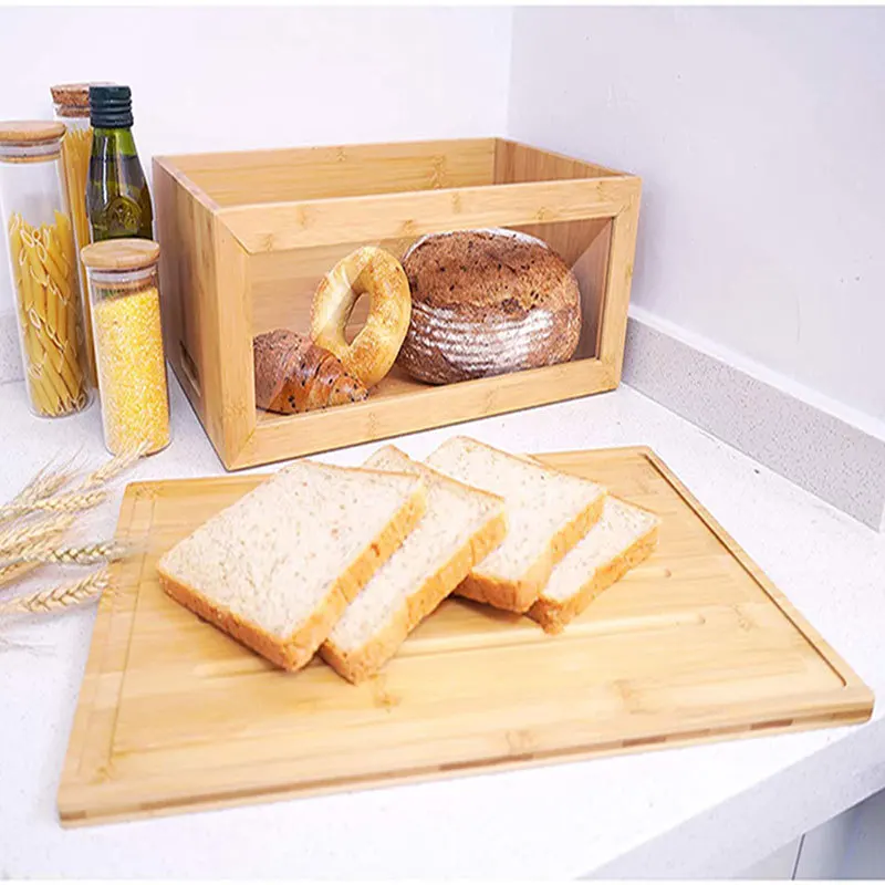 DS2676 Bread Storage Organizer for Kitchen Countertop with Clear Window Bamboo Bread Box Sandwich Container Solid Wood Bread Box