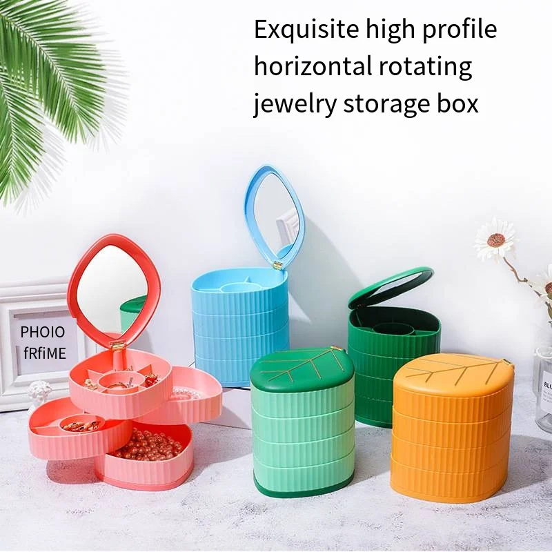 Creative multi-functional rotating leaf jewelry box Desktop storage box Earrings necklace headdress with mirror jewelry box