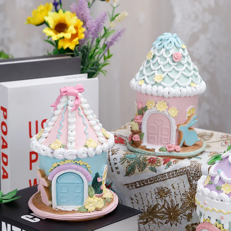 Redeco New Design Creative Easter Rabbit Cake House Figurines Cute Easter Bunny Ice Cream Resin House Spring Home Decoration