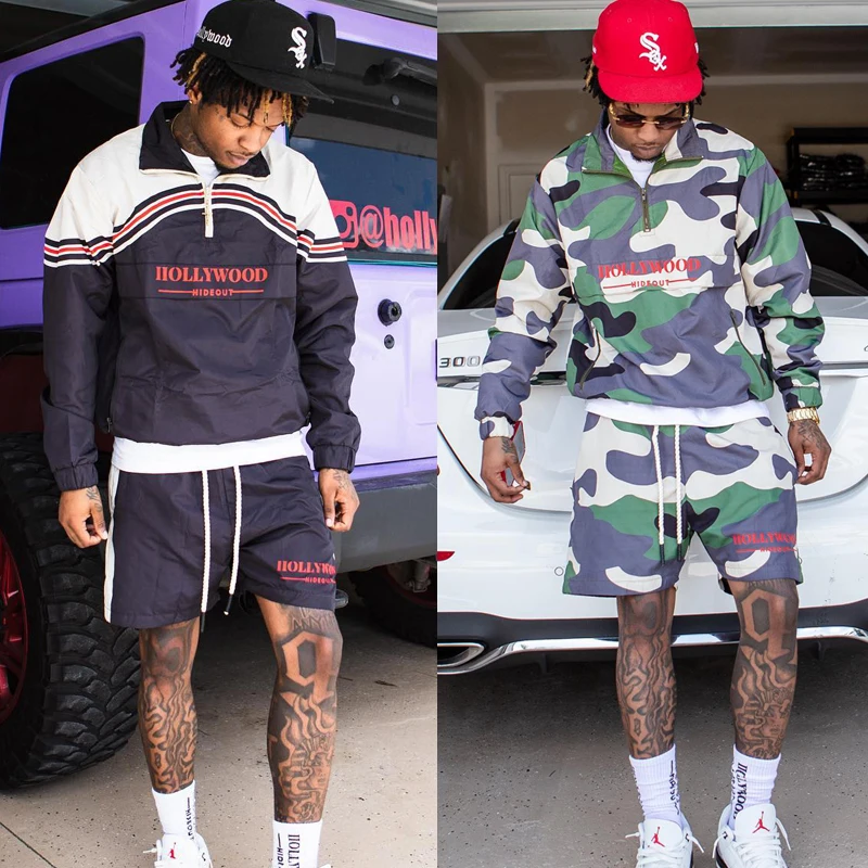 Custom Camo Half Zip Polyester Jacket Jogger Short Set 2pc Sport Patchwork Nylon Tracksuit Windbreaker Track Suit Sets for Men gallery 2