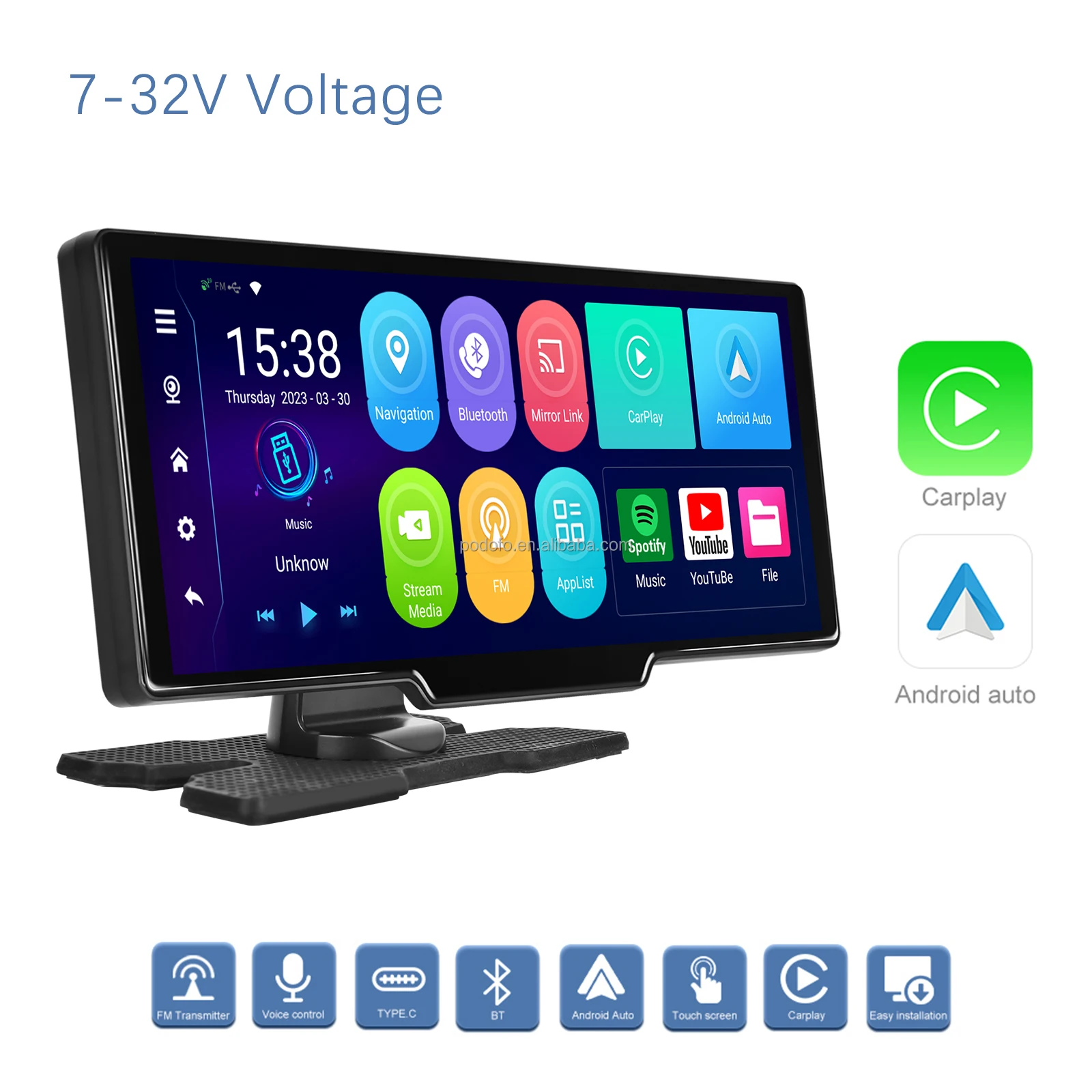 Podofo 10.26" Android 12 Portable Carplay Android Auto 4+64g/2+32g Dual