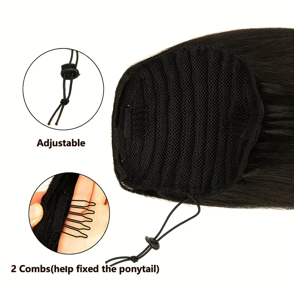 Pferdeschwanz-Extensions aus Echthaar mit Clip, 16–26 Zoll, natürliche Farbe, glatt, mit Kordelzug für Frauen_voghion.com