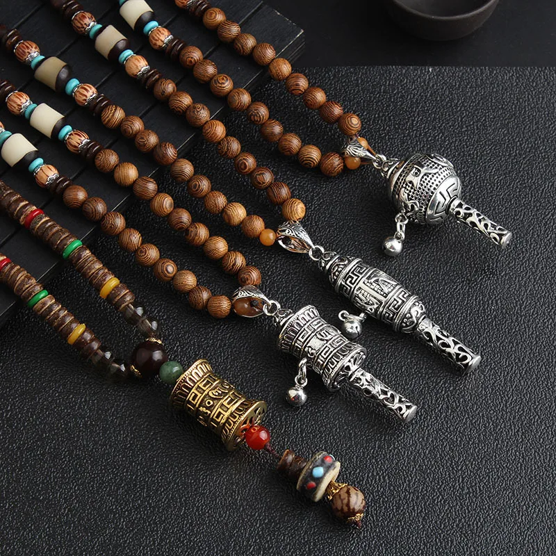 Caiyao Boho Wooden Beaded Necklaces Vintage Handmade Nepal Mala Wood Beads Meditation Prayer Sweater Necklace Ethnic Fish Horn Long Pendant Statement Necklace for Women Girl Jewelry 