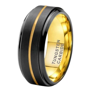 Coolstyle Jewelry 8mm Black Gold Tungsten Ring for Men Women Engagement Band Brushed Center Grooved Stepped Beveled Comfort Fit