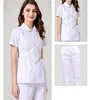 white lab suit with round collar