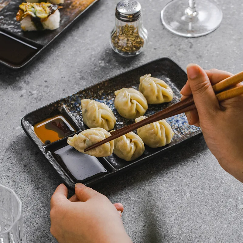 Rectangular 3 Compartment Divided Melamine Sushi Plate with Sauce Dipping for Japanese Restaurant