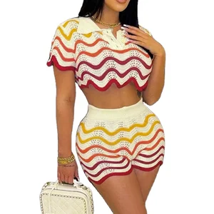 Huili Manufacturer Short Sleeve Crop Top & Shorts 2025 Loungewear Knitted Custom logo Corset Two Piece Set Women Clothing