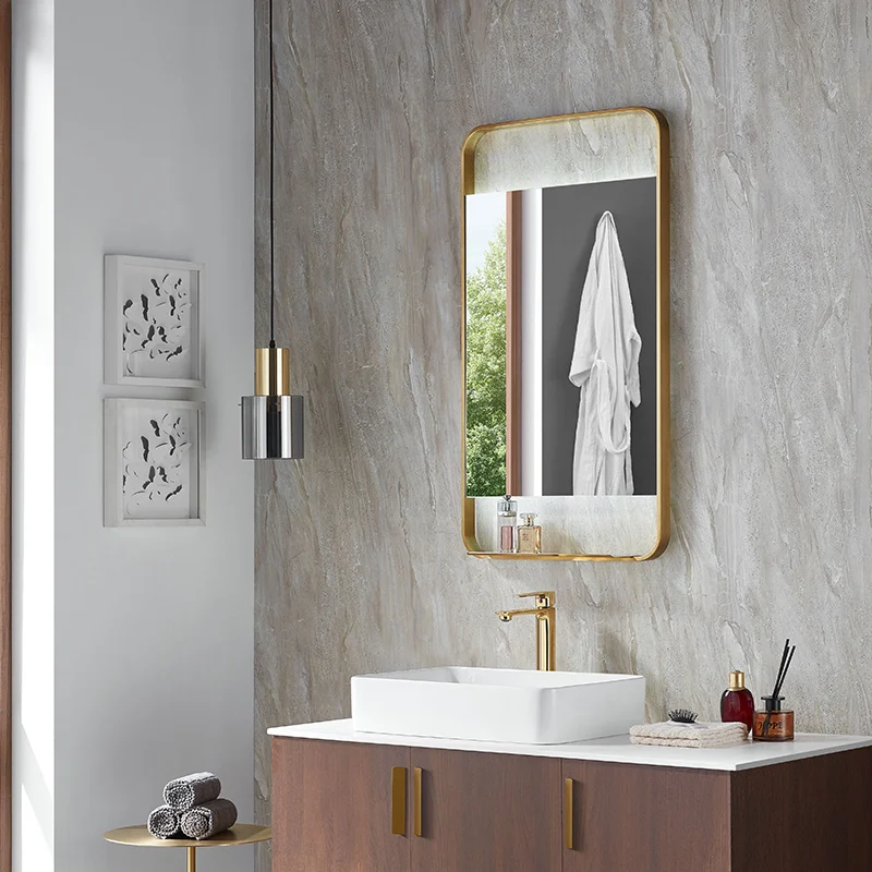 Modern Square Bathroom Wall Defogger Mirror Smart Led Backlit 304 Stainless Steel Frame Mirrors