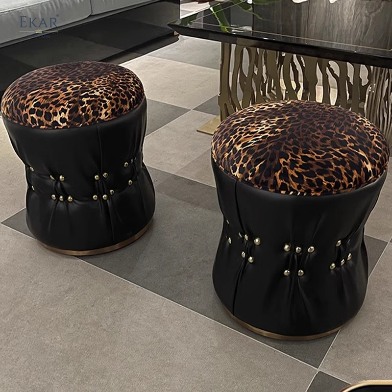 product luxurious gold brushed metallic finish drum stool contemporary accent seating pouf-62