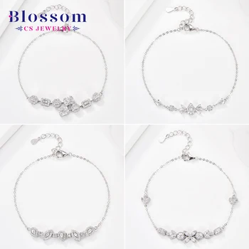 Blossom CS Jewelry Wholesale Custom 925 Sterling Silver Zirconia Geometric Charm Link Chain Bracelet Women's Fine Jewelry