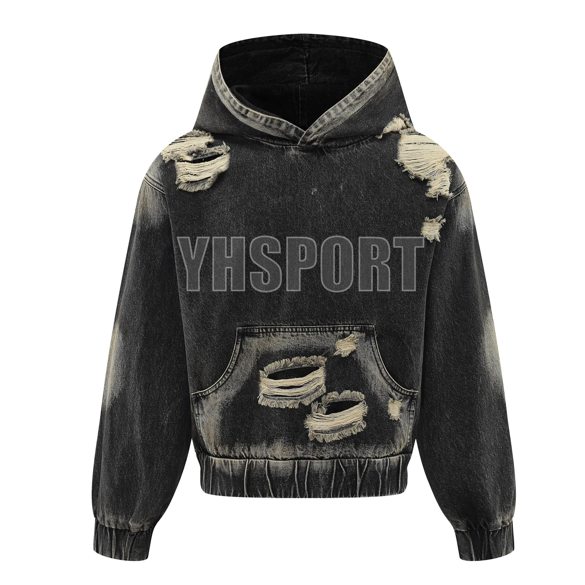 2024 New Arrivals Fashionheavyweight Loose Fit Hoodie Distressed Streetwear Custom Logo Acid Wash Denim Tears Hoodie
