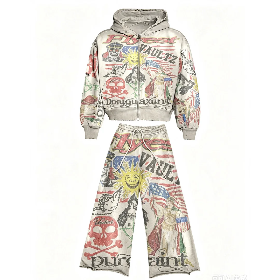 Tilpasset streetwear med privat mærke: graffiti-print over hele overfladen på tostyks sæt til mænd – amerikansk vintage vasket, tungt bomuldsmateriale