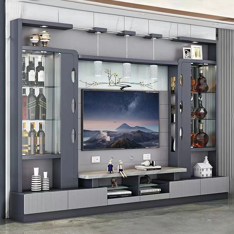 Wooden Home Furniture MDF TV Stand Combination Wall Display Storage Drawer Wine Rack LED Light Modern Living Room TV Cabinet