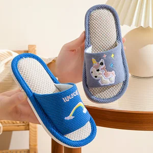 Children's Printed Open-Toe Linen for Slippers Cute Cartoon Anti-Slip Comfortable for Boys Girls for Spring Autumn Seasons