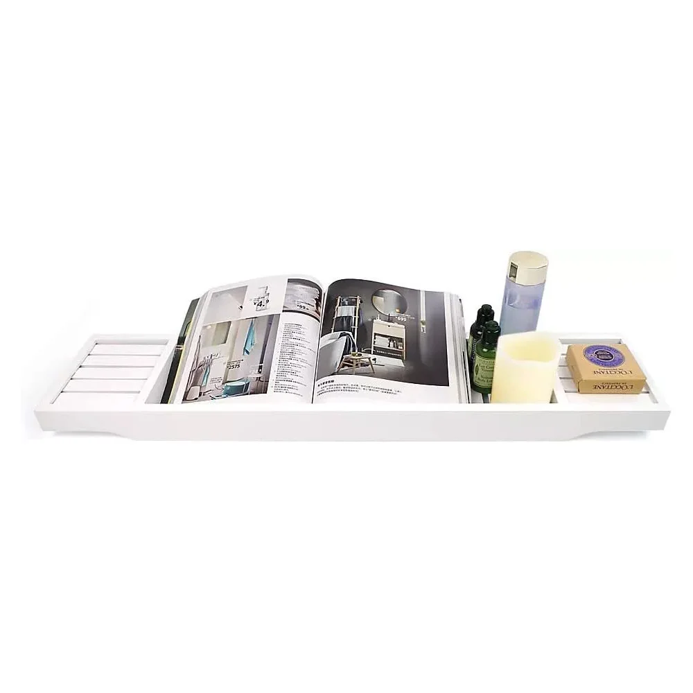 White Bamboo Bathtub Storage Box Tray Bathroom Sets with Bathtub Tablet Stand Modern Rack for Bath Accessories