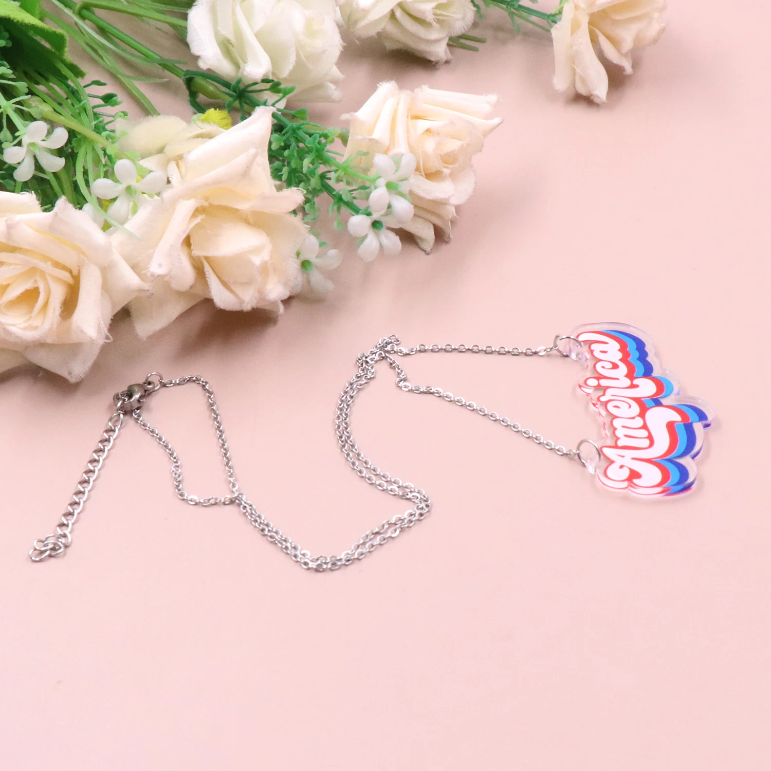 MD129NC1007 1piece New product CN America UV printing TRENDY 4th of July Independence Day stainless steel Acrylic Necklace supplier