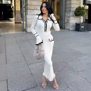 2024 Fashion Lapel High Waist Vestidos Autumn Long Sleeve Single Breasted Midi Dresses Women Contrast Ruffled Knitted Dress