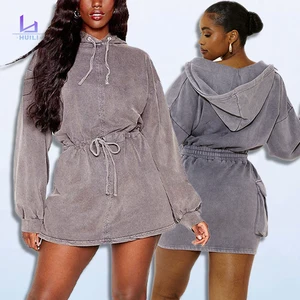 Huilong Manufacturer's Vintage Acid Wash Cotton Hoodie Dress for Women High Quality Long Sleeve Dress Custom Logo Y2K Washable