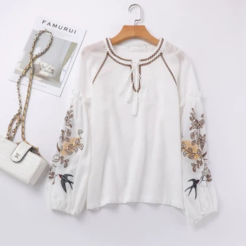 Best Sale Instock Cheap Summer Boho Beach Casual Wear Embroidery Long Sleeve White Women's Blouse Tops Ladies Blouse