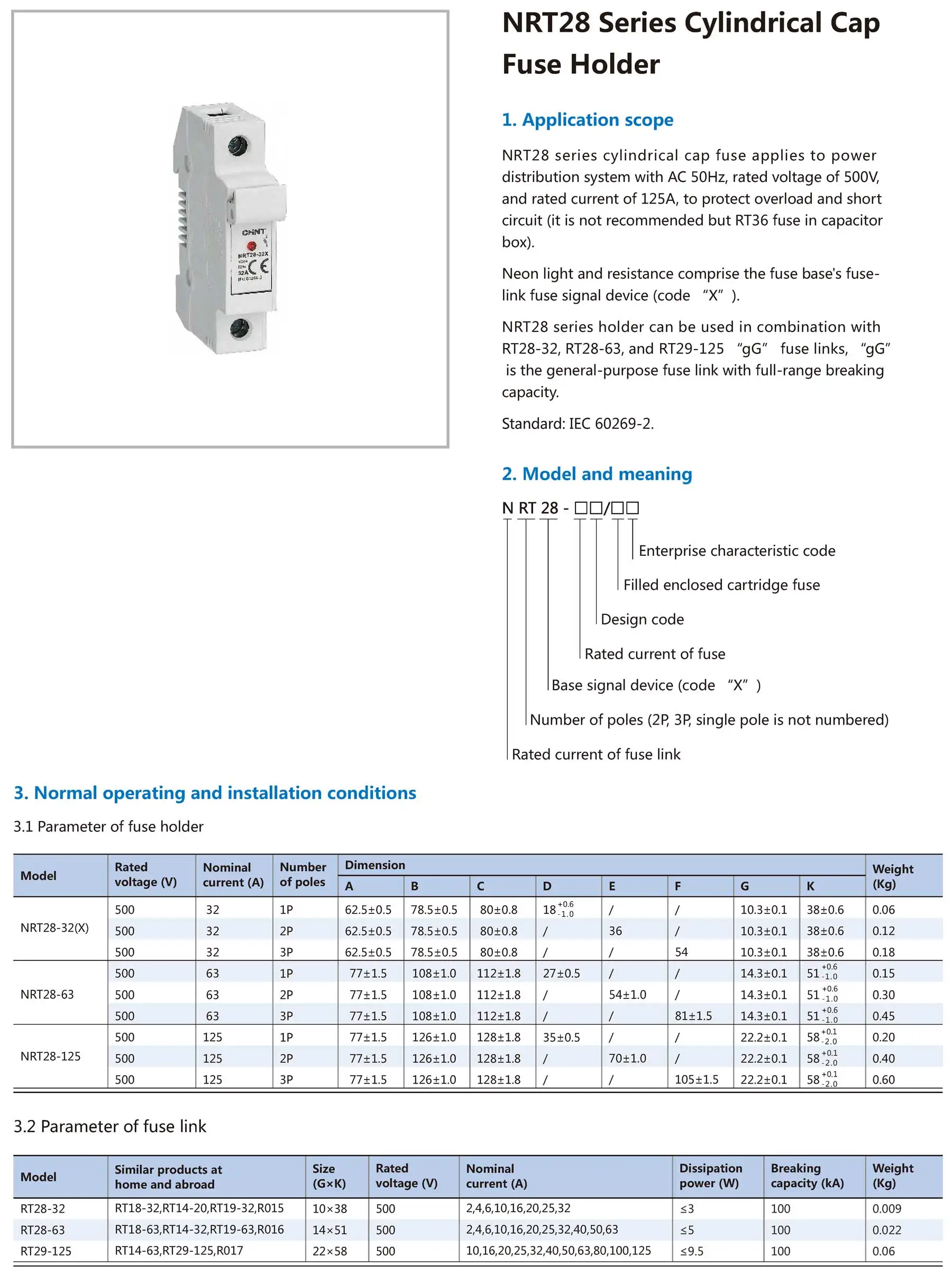 Chint NRT28-32 NRT28-32X NRT28-63 NRT28-125 32A 63A 125A 1P 2P 3P Chnt Fuse Holder