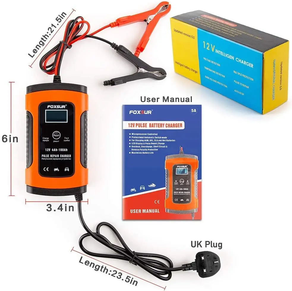 5Amp 12V Automotive Smart Battery Charger Maintainer for Car Motorcycle Boat SUV 