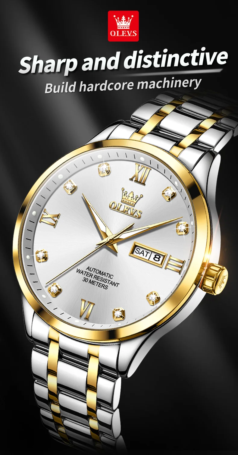 OLEVS 9946 Classic Stainless Steel Material Automatic Movement Dual Calendar Diamond Gold Dial Mechanical for Men Luminous Watch
