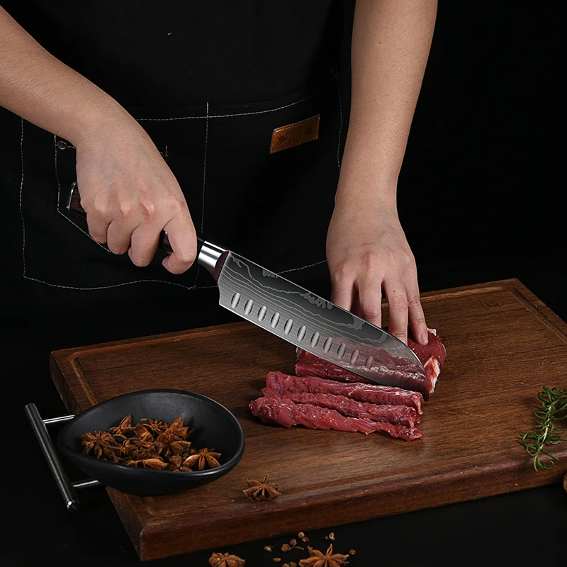 Суперострые кухонные ножи шеф-повара набор из 9 японских кухонных ножей нержавеющей стали с деревянной ручкой и Дамасским лазерным