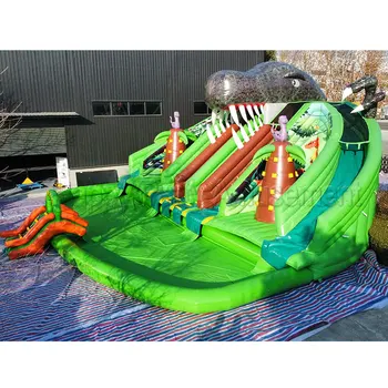 Outdoor giant commercial dinosaur inflatable water park bounce house waterslide for kids and adults