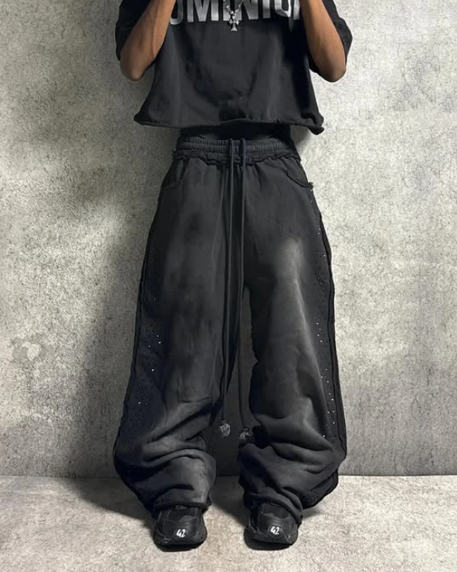 Men's High Street Acid Wash Cotton Sweatpants Relax Track Pants Multiple Pockets Solid Striped Wide Leg Outdoor Essentials Baggy