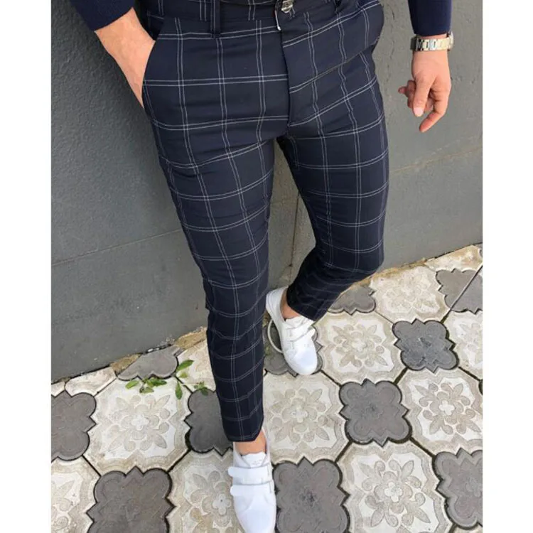 Autumn Fashion Man Pants Casual Business Men Plaid Pants Streetwear Slim Fit Long Trouser For Men's Mid Waist Buttoned Pants