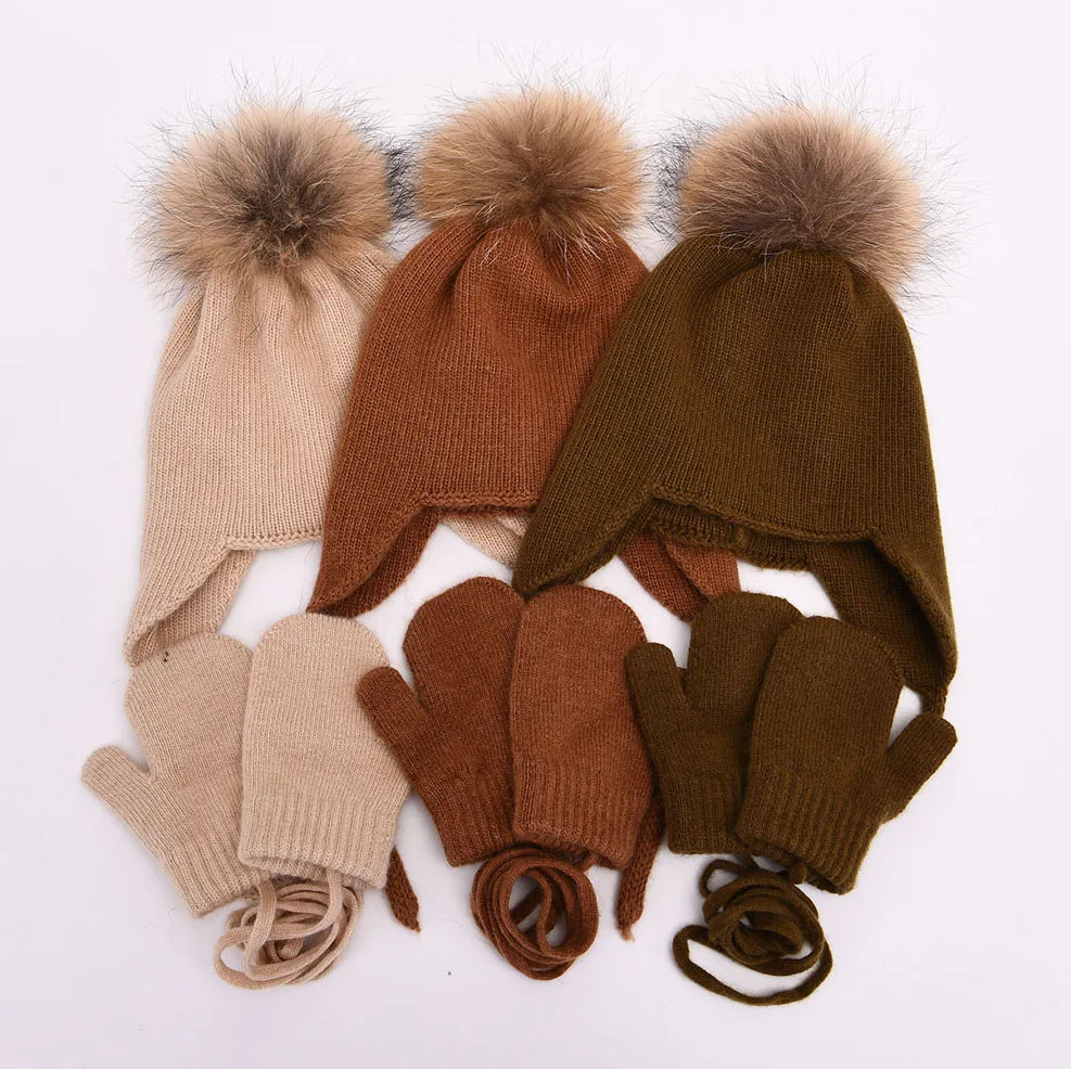 Зимняя шерстяная вязаная шапка Детская шапка-ушанка двухслойная Толстая теплая Милая варежка с помпоном кашемировые детские перчатки и комплект