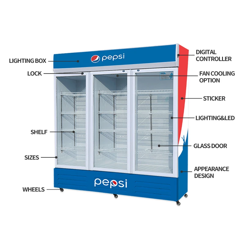 Commercial Pepsi Refrigerator Single/Double/Three Glass Sliding Door Finishing Flawless  Fridge for Supermarket
