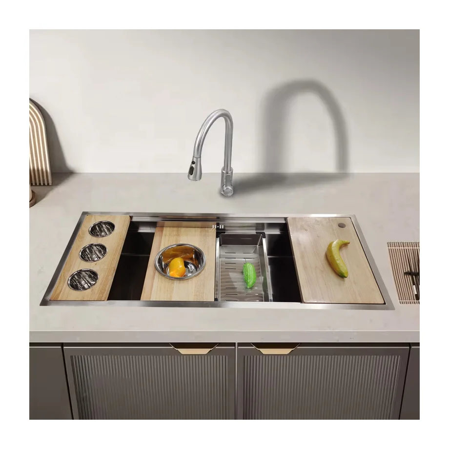 SUS 304 18 Gauge Large Afregadero De Cocina Undermount Dual Ledge Drop in Farm Workstation Basin Handmade Kitchen Sink Basket