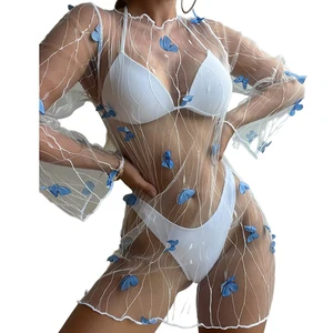 New Transparent Cover Bikini Three Piece Swimsuit Butterfly Mesh Swimsuit Long Sleeve Cover up Sexy Bikini Sets