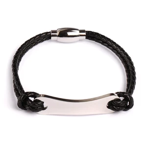 Tziti Men Stainless Steel Europe Style Luxury Braided Leather Bracelet Stainless Steel Bar Blank Custom Engraving Men Bracelet