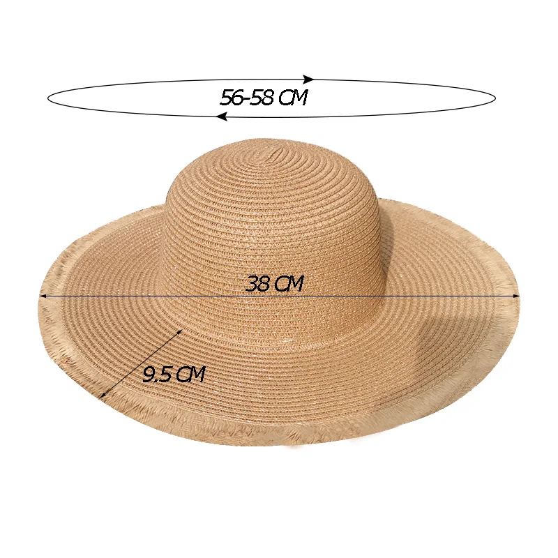 Summer Woman Straw Hat Solid Color Wide Brim Dome Sun Hat Fringe Beach Cap Foldable