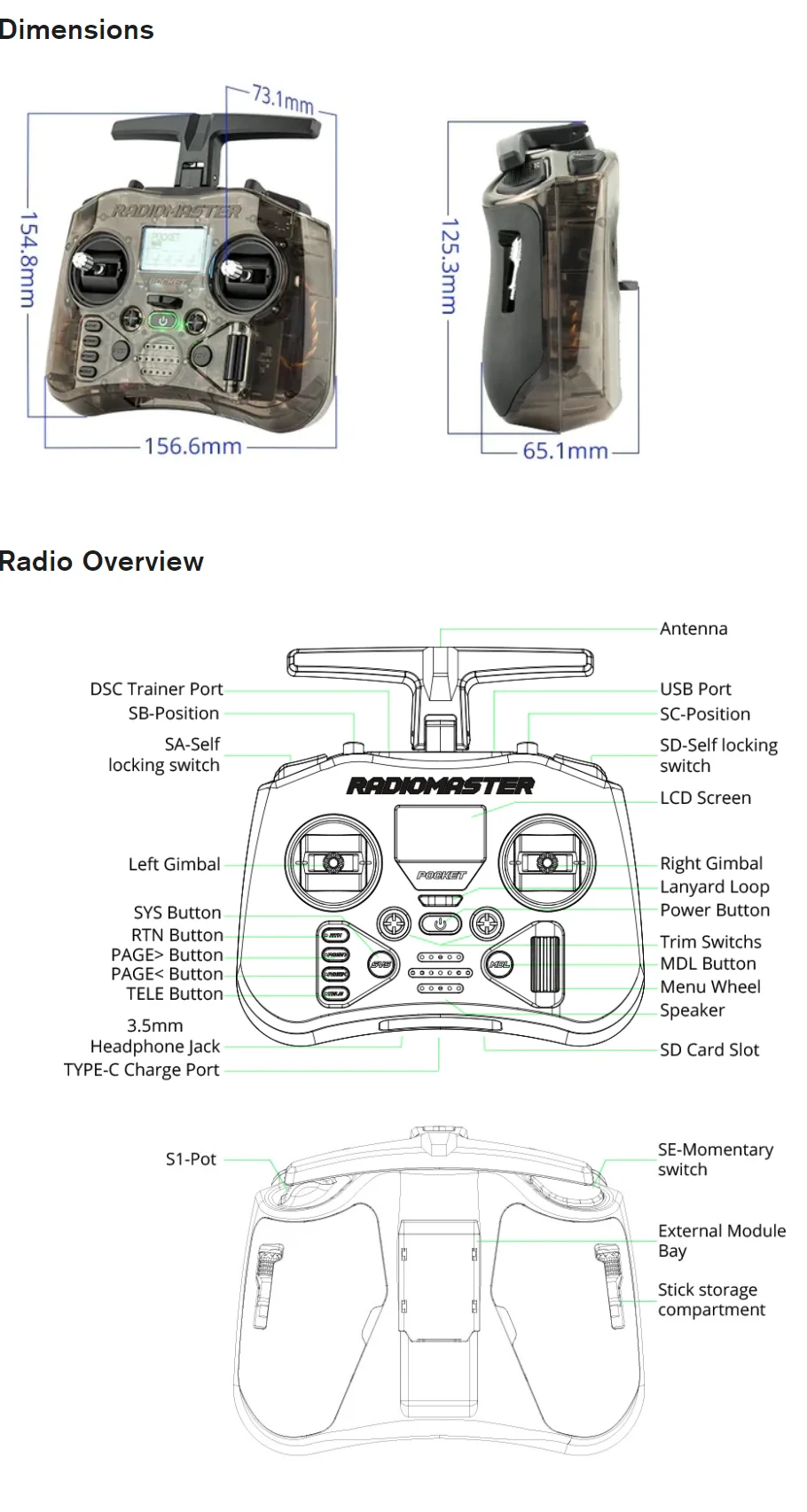 RadioMaster Pocket Remote Controller Hall Gimbal EdgeTX Built In LED Portable Lightweight Elrs Transparent Mode 2 With 18650 Battery