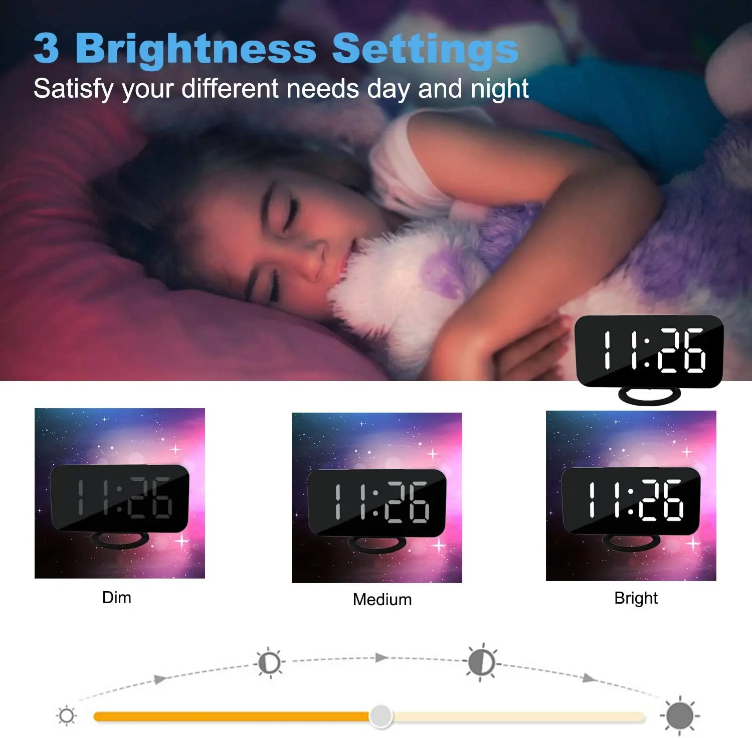 Digital Clock Large LED Display Alarm Clocks Mirror Surface for Makeup with Diming Mode 2 USB Charger Ports Snooze Function