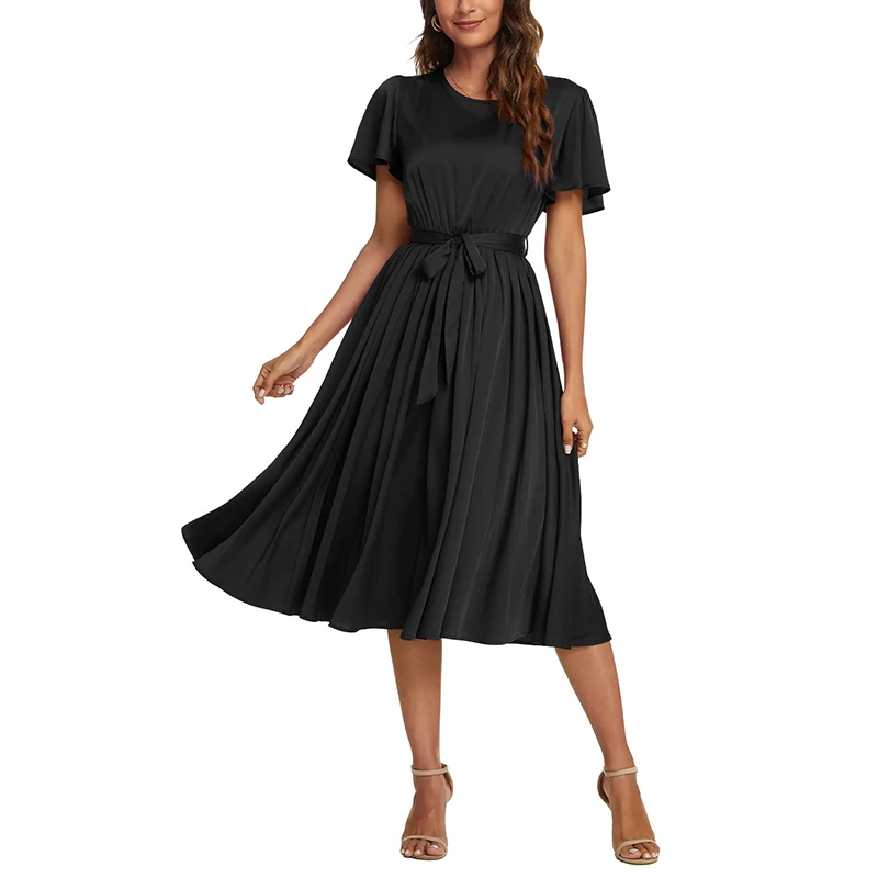 Spring Summer Fall Dress Ruffle Sleeves Pleated Dress Women's Short Sleeve Belted Elastic Waist Pleated Long Dresses