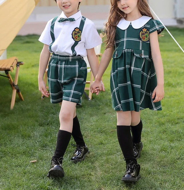 Autumn Spring Green Color Kindergarten Primary School Uniform Designs Dress  Boys Shorts