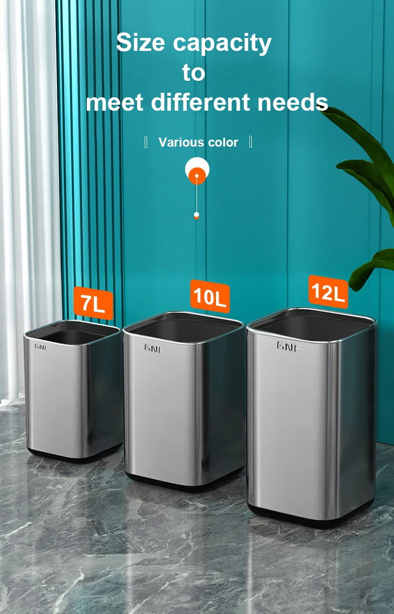 Gnf Hotel Room Bin Stainless Steel Garbage Can Indoor Kitchen Metal Trash Bin Sus 410 Bathroom